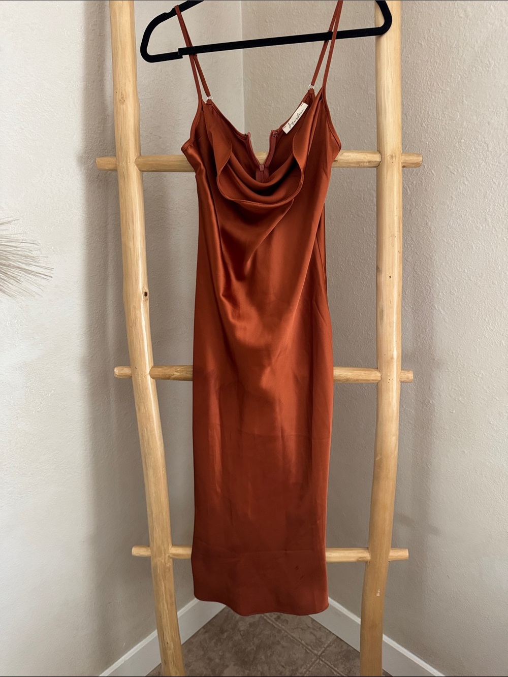 Rust Satin Cowl Slip Dress with Adjustable Straps - Women - Picture 2 of 6